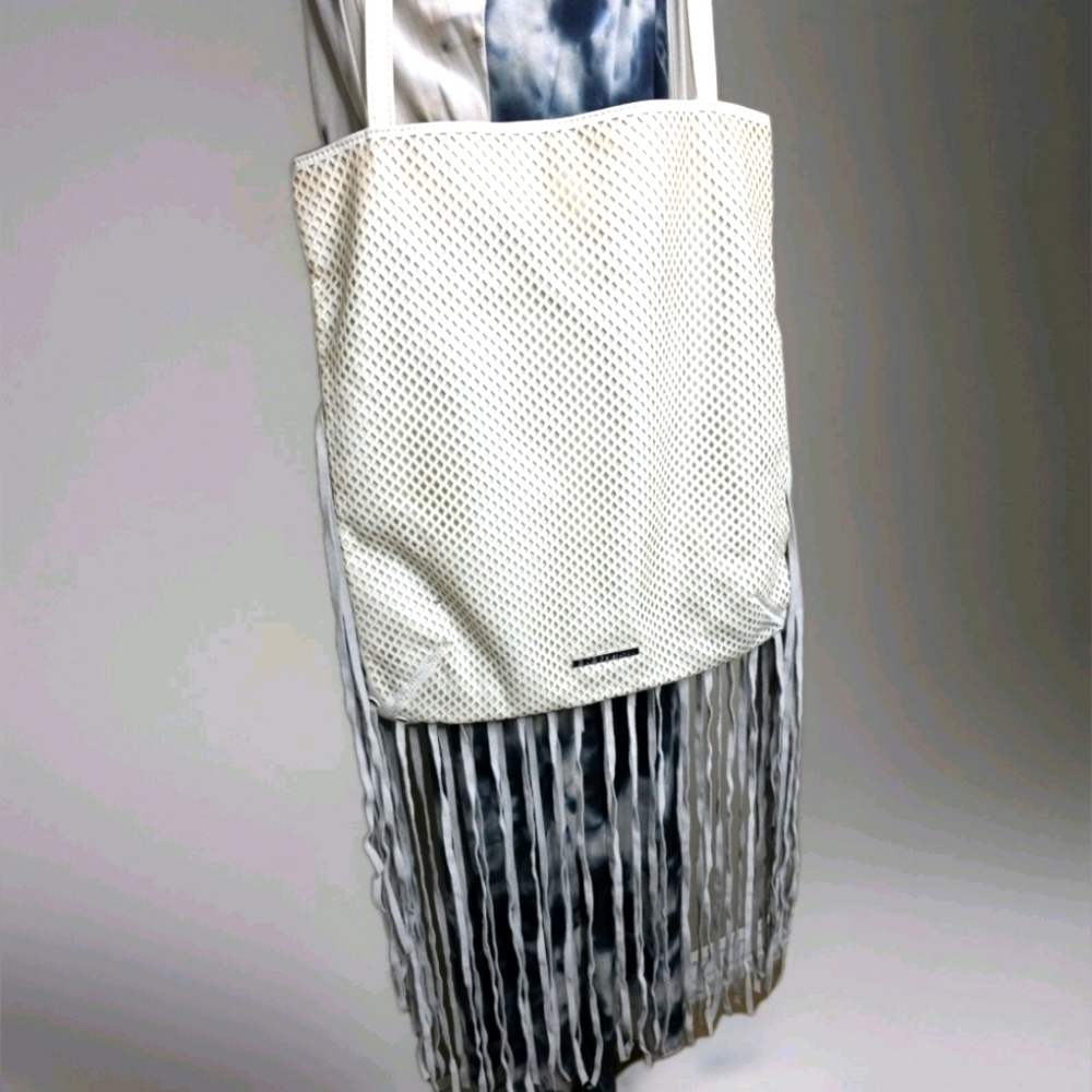 BCBGeneration Leather Boho Bohemein Off White Grey Tassle Large Shoulder Purse